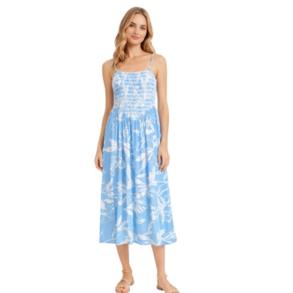 Patrons of Peace Dresses & Skirts - Patrons of Peace Blue & White Floral Smocked Midi Dress Spaghetti Strap Size L